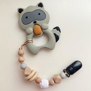 Modern Baby Teether Clip - Raccoon Toy - NEW